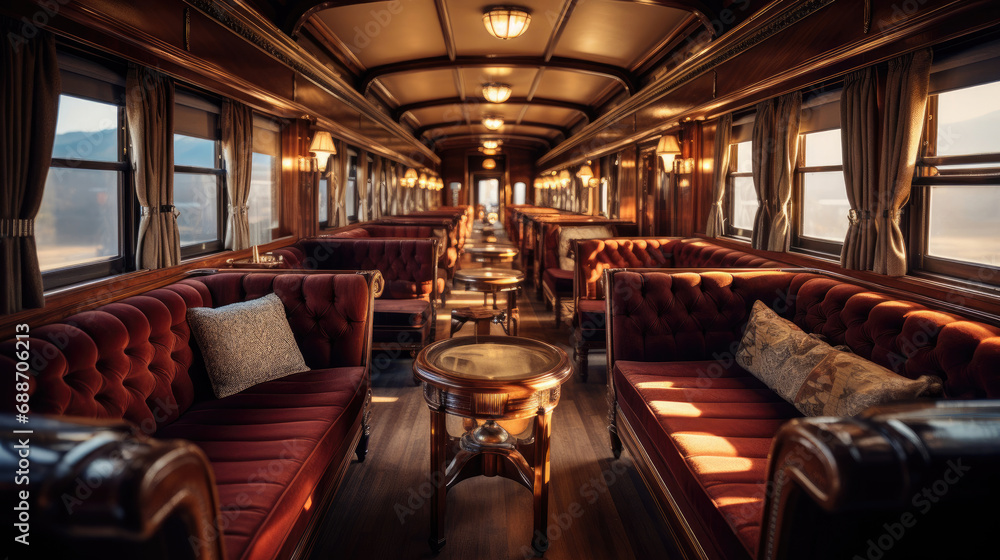 Luxury Locomotive Interior Mahogany Paneling Plush Seating Classic Elegance