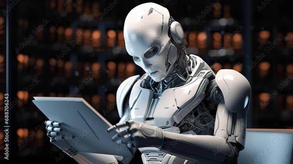 humanoid mechanized robot reading a book humanoid mechanized robot reading a book