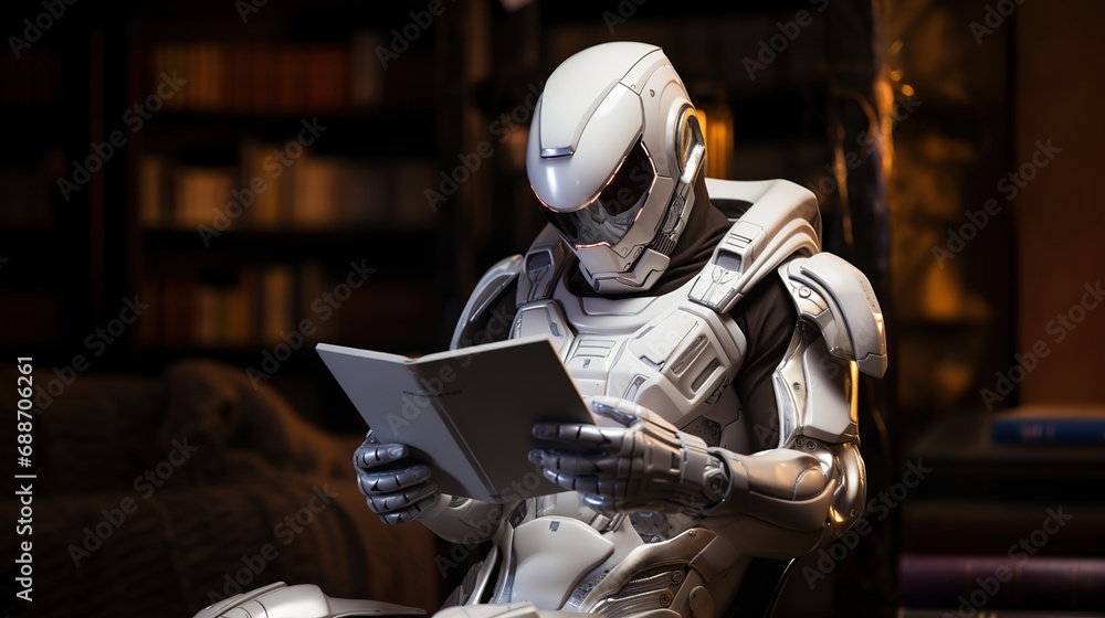 humanoid mechanized robot reading a book humanoid mechanized robot reading a book