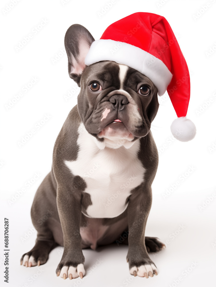 French Bulldog in Santa Hat Sitting on White Background