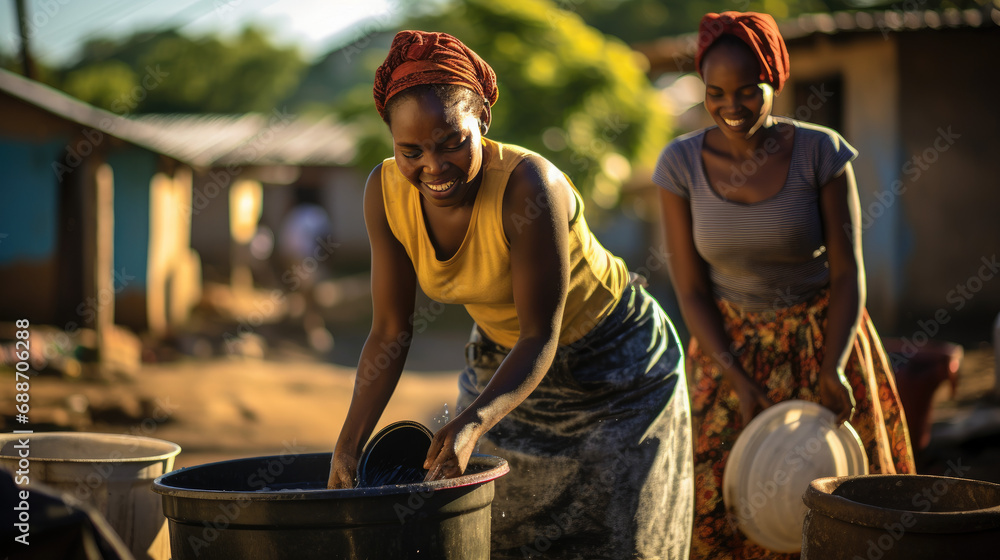 African women washing dishes in plastic buckets - obrazy, fototapety, plakaty 