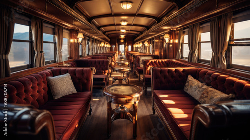 Luxury Locomotive Interior Mahogany Paneling Plush Seating Classic Elegance © javier