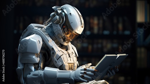 humanoid mechanized robot reading a book © barinovalena