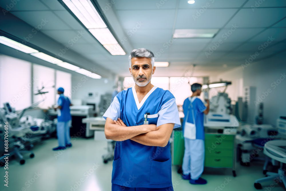 Fototapeta premium Doctor in crossing arms standing in operation room wearing hospital uniform looking at camera.