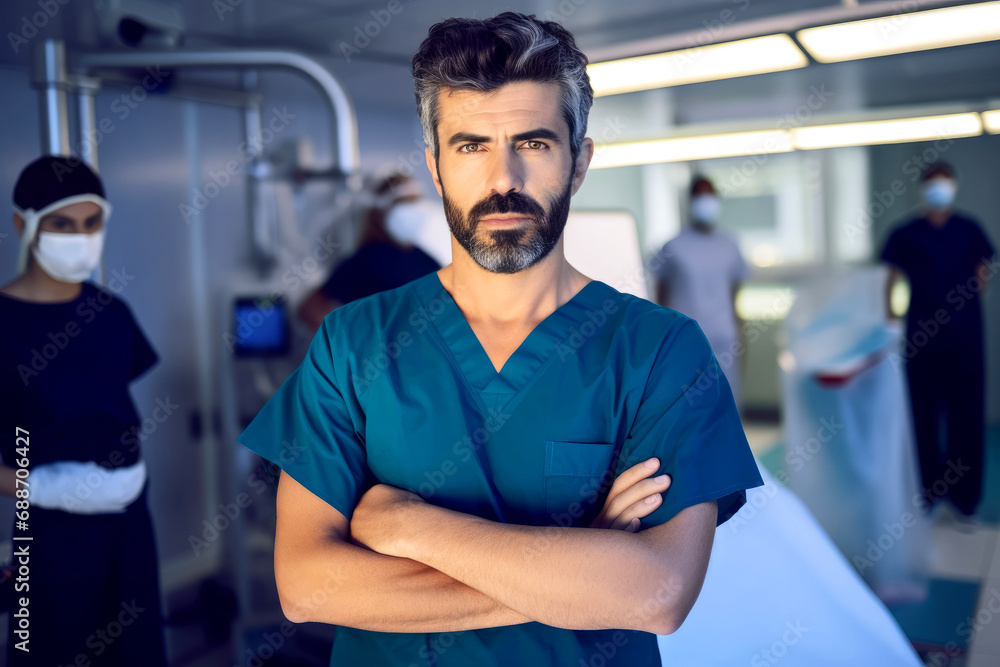 Doctor in crossing arms standing in operation room wearing hospital uniform looking at camera. Doctor in crossing arms standing in operation room wearing hospital uniform looking at camera.