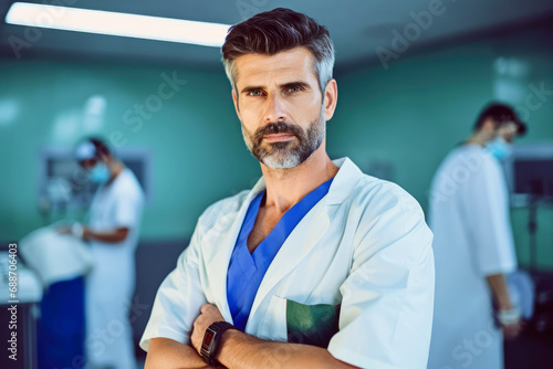 Doctor in crossing arms standing in operation room wearing hospital uniform looking at camera.
