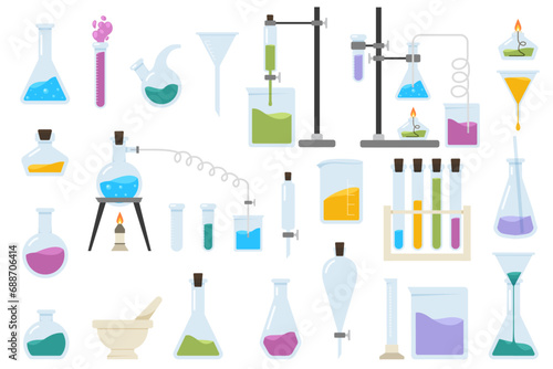 Set of Chemistry lab and diagrammatic icons showing assorted experiments. Discovery and chemistry symbol.