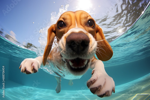 Underwater view of a swimming beagle with a joyful expression