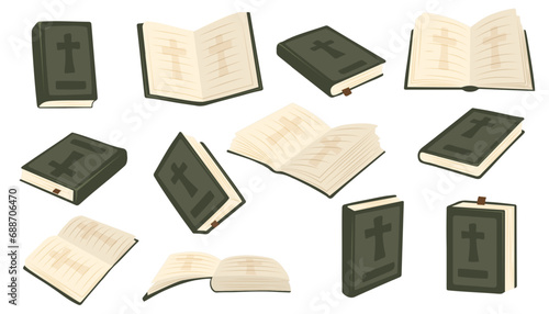 Christian Holy Bible Book. Vector illustrations depict a set of Holy Bible books that open, close, showing cover. Religious Text Containing Stories And Prophecies.