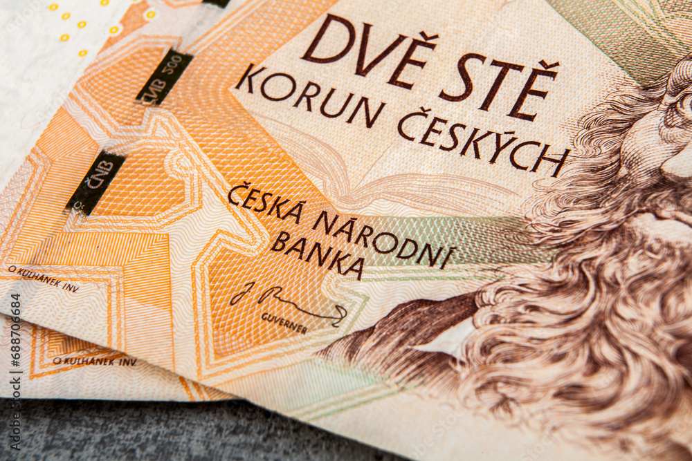 Close-up of banknotes of the Czech National Bank. Currency in the Czech Republic. - obrazy, fototapety, plakaty 