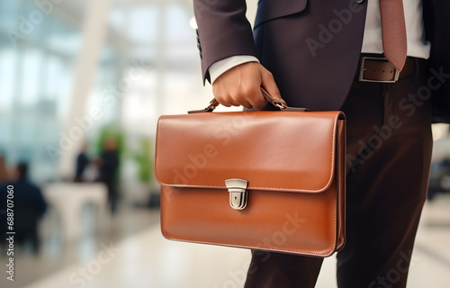 hands of businessman holding a briefcase on blurred office background photo