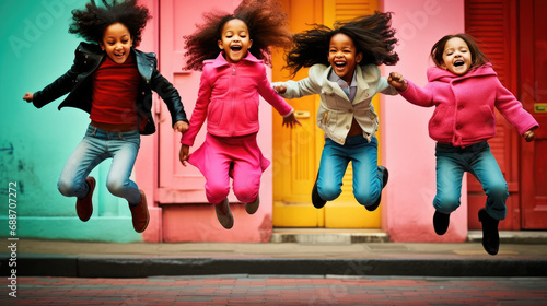 Happy black girls jumping together