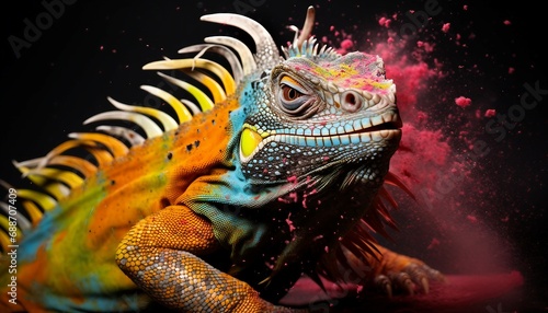 Painted colorful lizzard animal, they show off in beautiful colors, Blue iguana on a black background with fire effect. Fantasy animal. © mh.desing