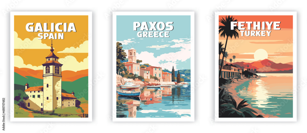 Galicia, Paxos, Fethiye Illustration Art. Travel Poster Wall Art. Minimalist Vector art. Galicia, Paxos, Fethiye Illustration Art. Travel Poster Wall Art. Minimalist Vector art.