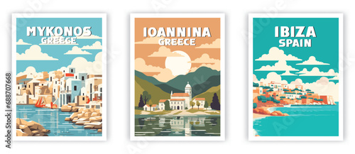Ibiza, Mykonos, Ioannina Illustration Art. Travel Poster Wall Art. Minimalist Vector art.