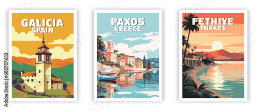 Galicia, Paxos, Fethiye Illustration Art. Travel Poster Wall Art. Minimalist Vector art.