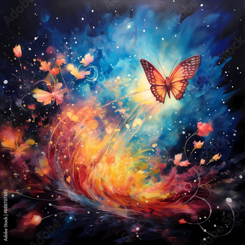 a vivid symphony featuring abstract fireflies with watercolor-inspired strokes