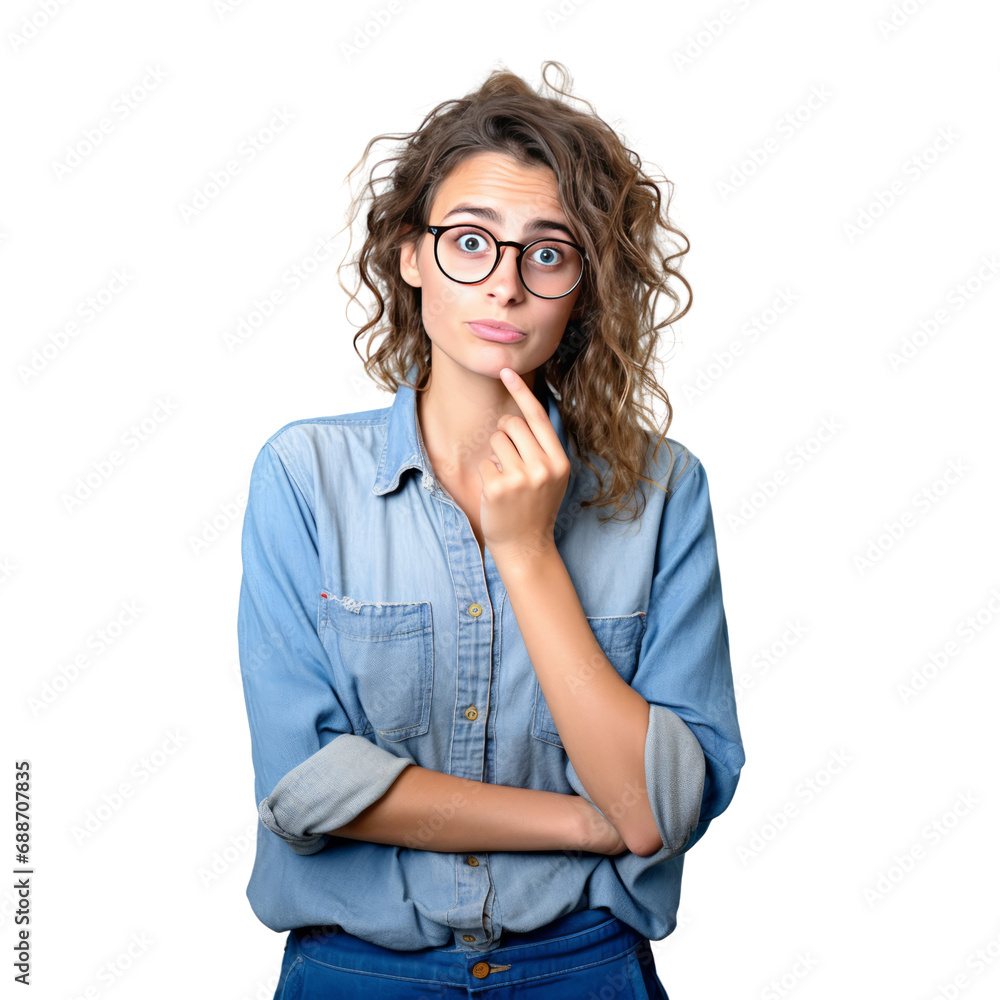 Women thinking about something.funny teenaged girl in blue jeans with glasses, in the style of thought-provoking.Isolated on white and transparent background