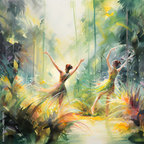 a vivid ballet featuring jungle elements, watercolor-inspired strokes, an oasis setting, and a whirlwind