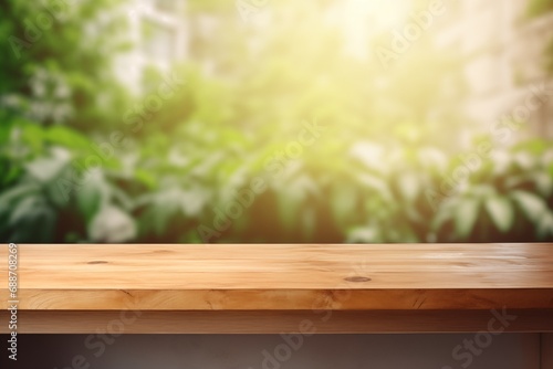 Empty textured wooden table with blur background