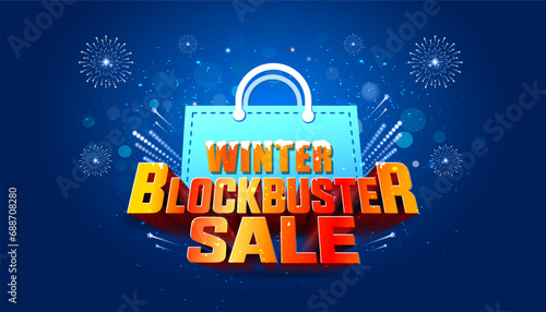 End of year season sale offer design. Advertising sales promotion poster banner with text blockbuster sale and shopping bag.