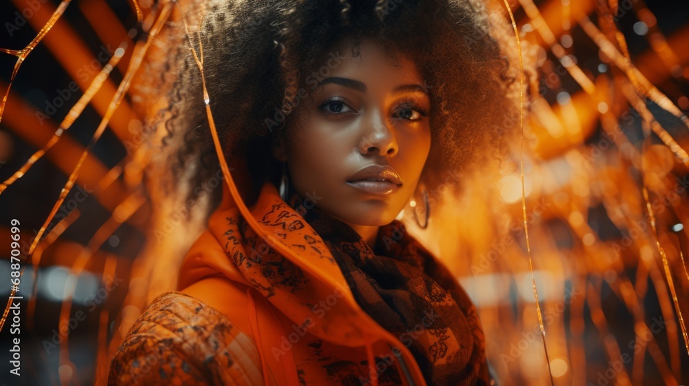 A Young Beautiful Black Woman Wearing an Orange Jacket Standing in Between hanging Strips of Orange Lights