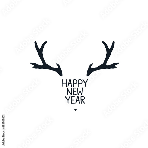 Happy New Year logo icon sign Hand drawn ink lettering Deer head decorative concept Cute design Cartoon children's style Fashion print clothes apparel greeting invitation card flyer poster banner ad