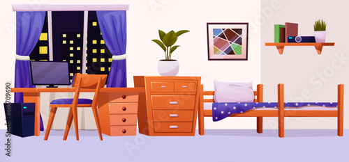 Teenager bedroom interior furniture and equipment for kid. Vector cartoon set of kid or teenager room interior with table, chair, wardrobe and nightstand