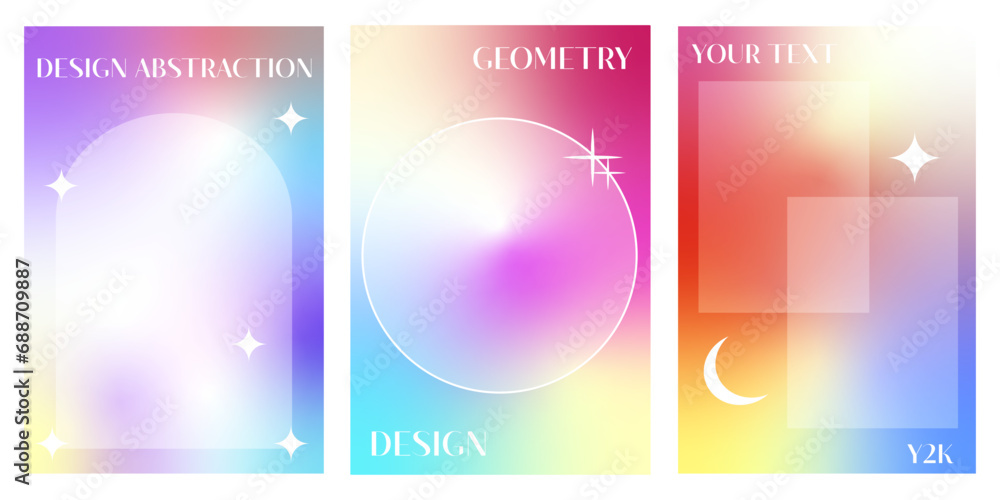 Modern fluid gradient posters with linear forms and sparkles. Trendy minimalist aesthetic print with line arch frames, stars and blurred pastel gradient background vector poster template set