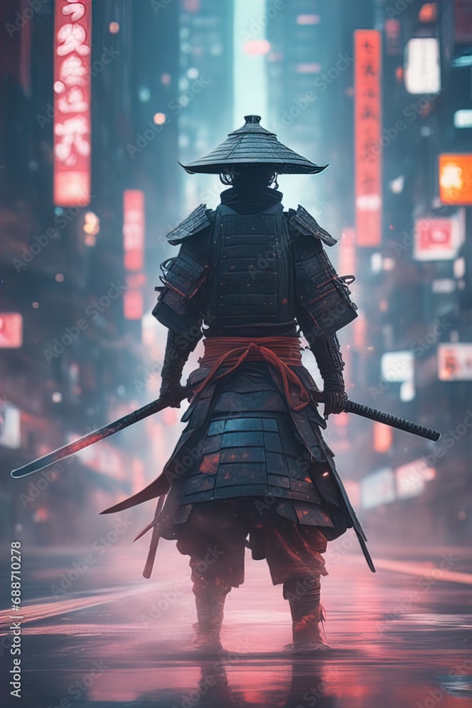 Fototapeta premium Ghost Samurai, samurai warrior bound by a ghostly curse, wearing shabby samurai armor 