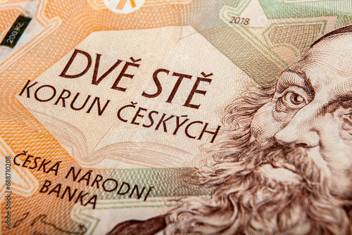 Close-up of banknotes of the Czech National Bank. Currency in the Czech Republic. photo