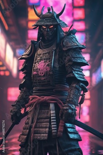 Ghost Samurai, samurai warrior bound by a ghostly curse, wearing shabby samurai armor 