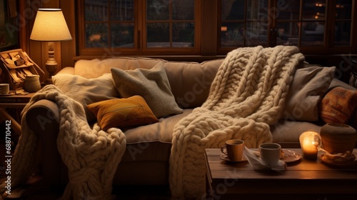 an elegant close-up of a textured blanket, emphasizing its plushness, warmth
