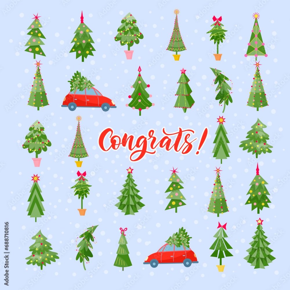 Winter greeting card with retro cars and Christmas trees. Vector color illustration.