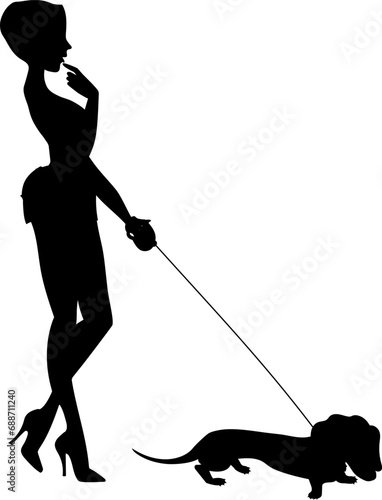 A slender girl leads a dachshund on a leash. Black silhouette on a transparent background. Vector.