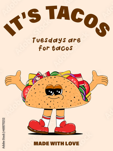 Vertical poster with cute taco character in retro cartoon style. Vector illustration of a fast food mascot with arms, legs and a cheerful face.