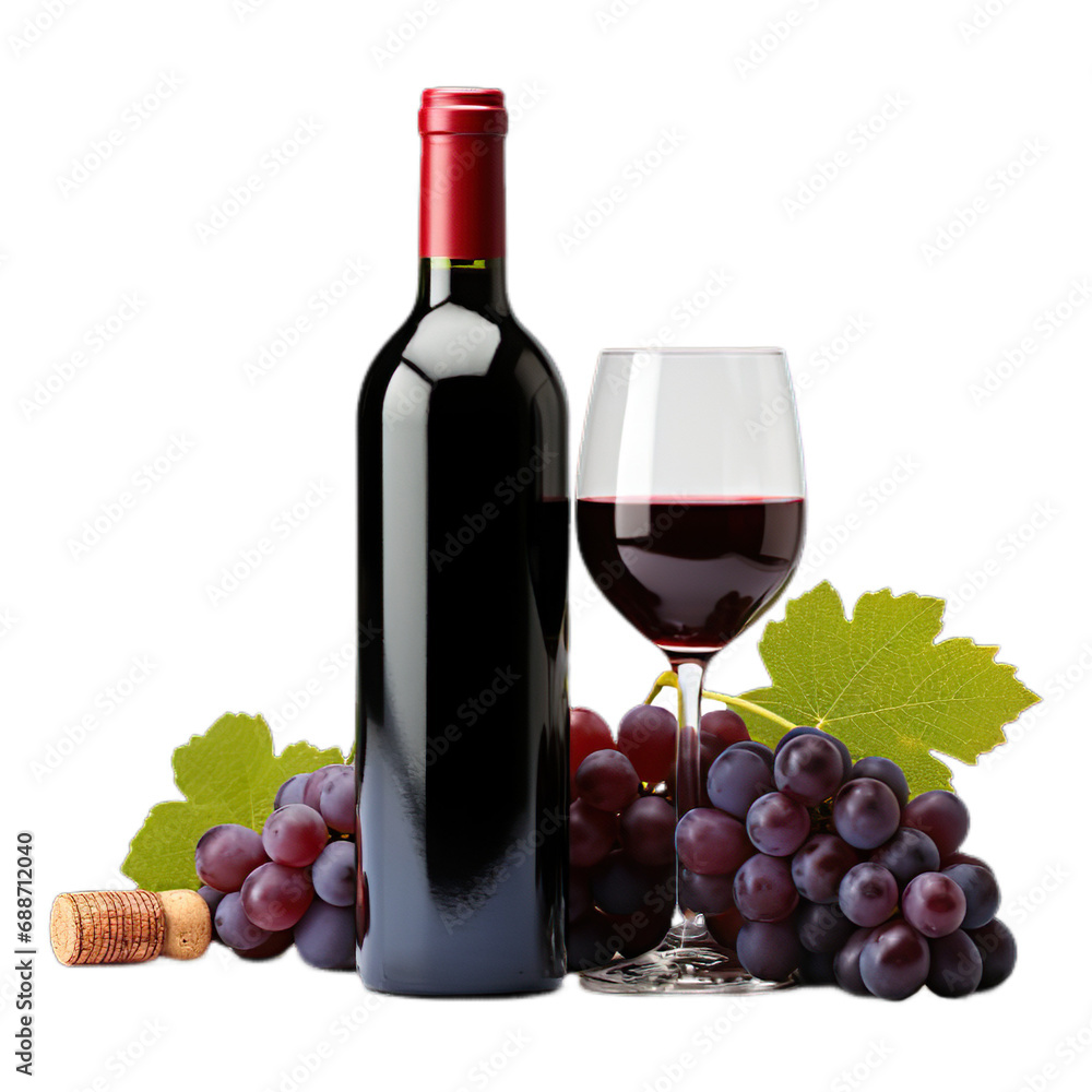 Wine bottle with wine grapes isolated on transparent backgorund.