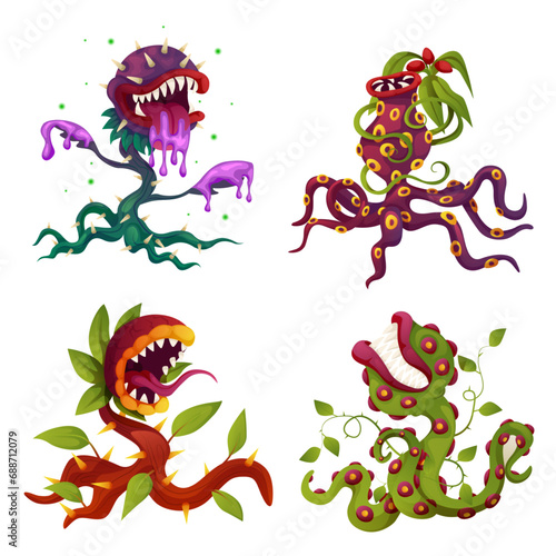 Carnivorous plant set  monster plants. Vector fantasy scary flower icons. Cartoon flytraps or flower predators. Angry flowers with teeth.