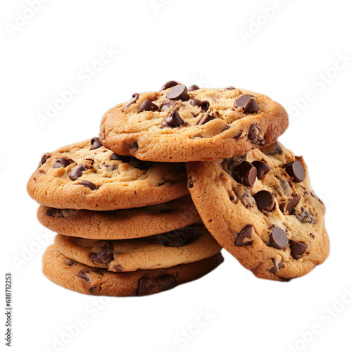 Chocolate chip cookies on isolated transparent white background.