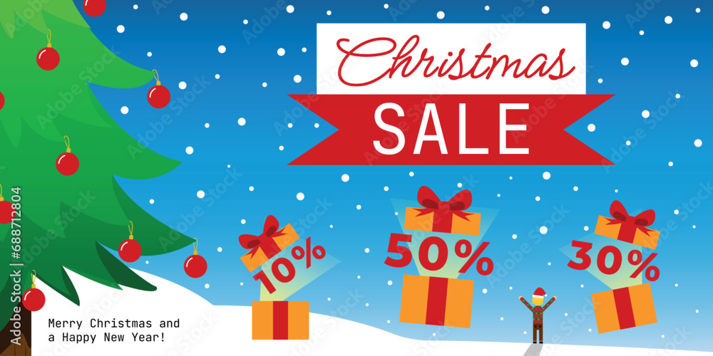 Christmas Sale Banner - Snowy Scenery, Pine Tree Decorated with Red Balls and Gifts Opening with Discounts 10%, 30% and 50% off