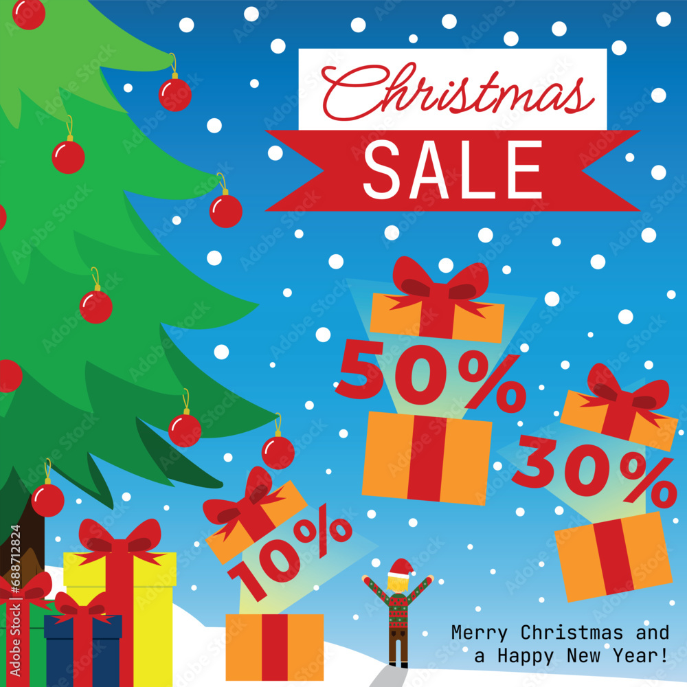 Ad of Christmas Sale - Snowy Scenery, Pine Tree Decorated with Red Balls and Gifts Opening with Discounts 10%, 30% and 50% off