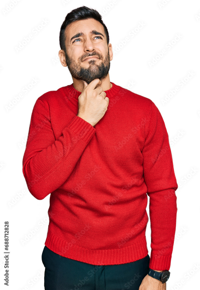 Young hispanic man wearing casual clothes touching painful neck, sore throat for flu, clod and infection Young hispanic man wearing casual clothes touching painful neck, sore throat for flu, clod and infection