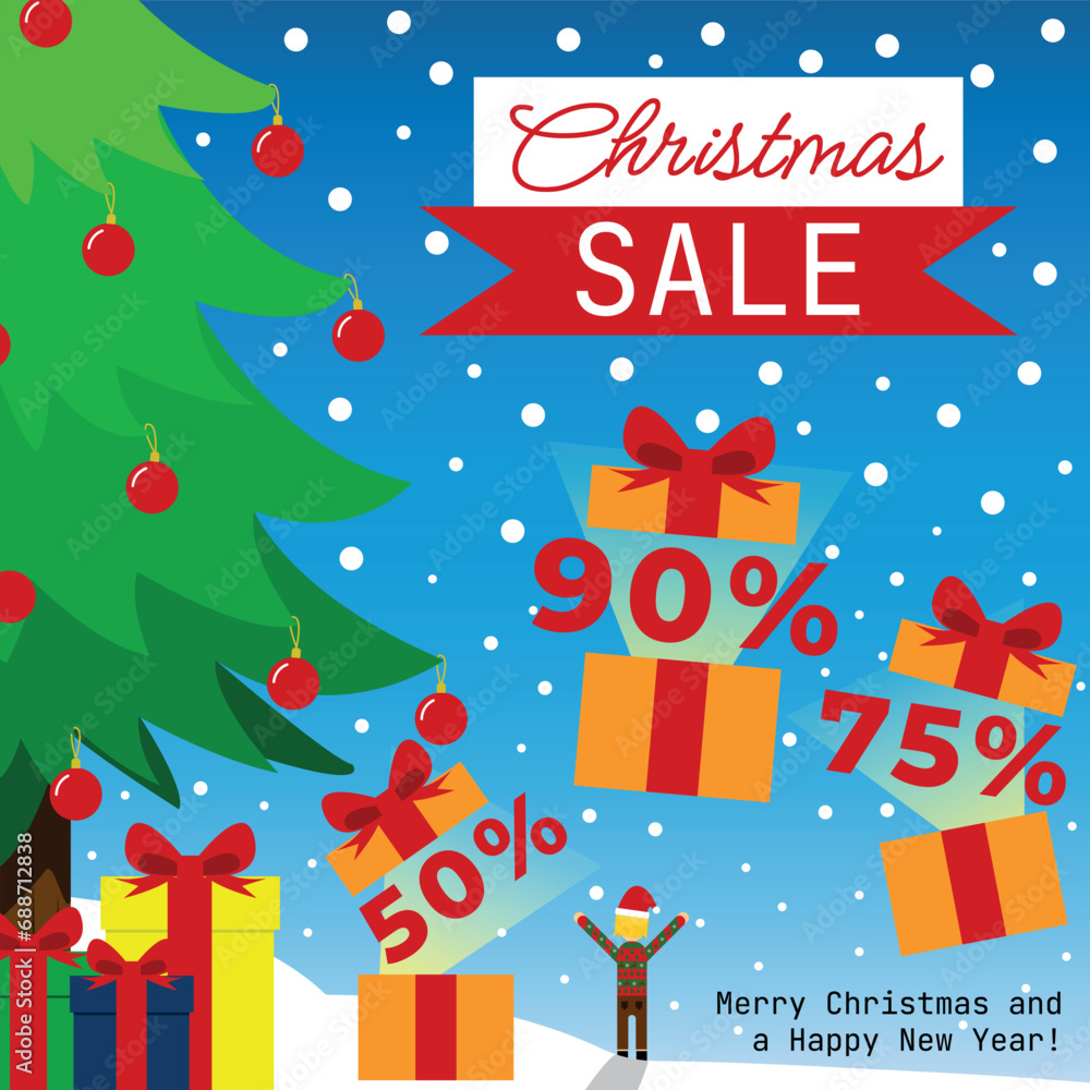 Ad of Christmas Sale - Snowy Scenery, Pine Tree Decorated with Red Balls and Gifts Opening with Discounts 50%, 75% and 90% off