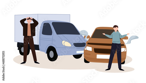 Car accident. Crash, collision at road traffic. Auto collision. Damaged vehicles, road accident collision
