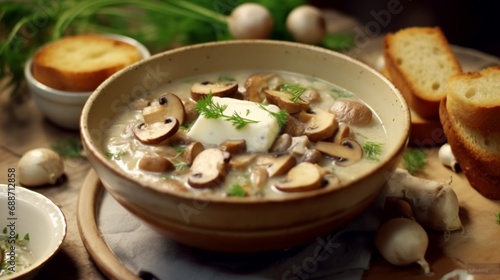 Homemade mushrooms soup as hot and aromatic starter.Generative AI