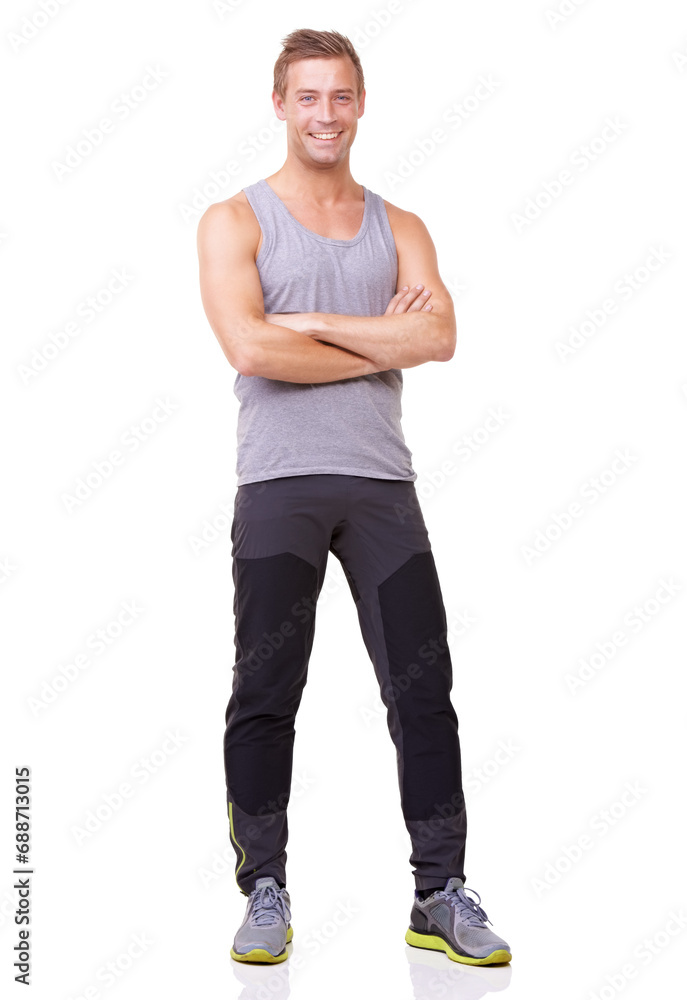 Portrait, man and confident for fitness, studio and happy with training wellness in gym clothes. Person, pride and smile face with commitment to health body, exercise and relax by white background Portrait, man and confident for fitness, studio and happy with training wellness in gym clothes. Person, pride and smile face with commitment to health body, exercise and relax by white background