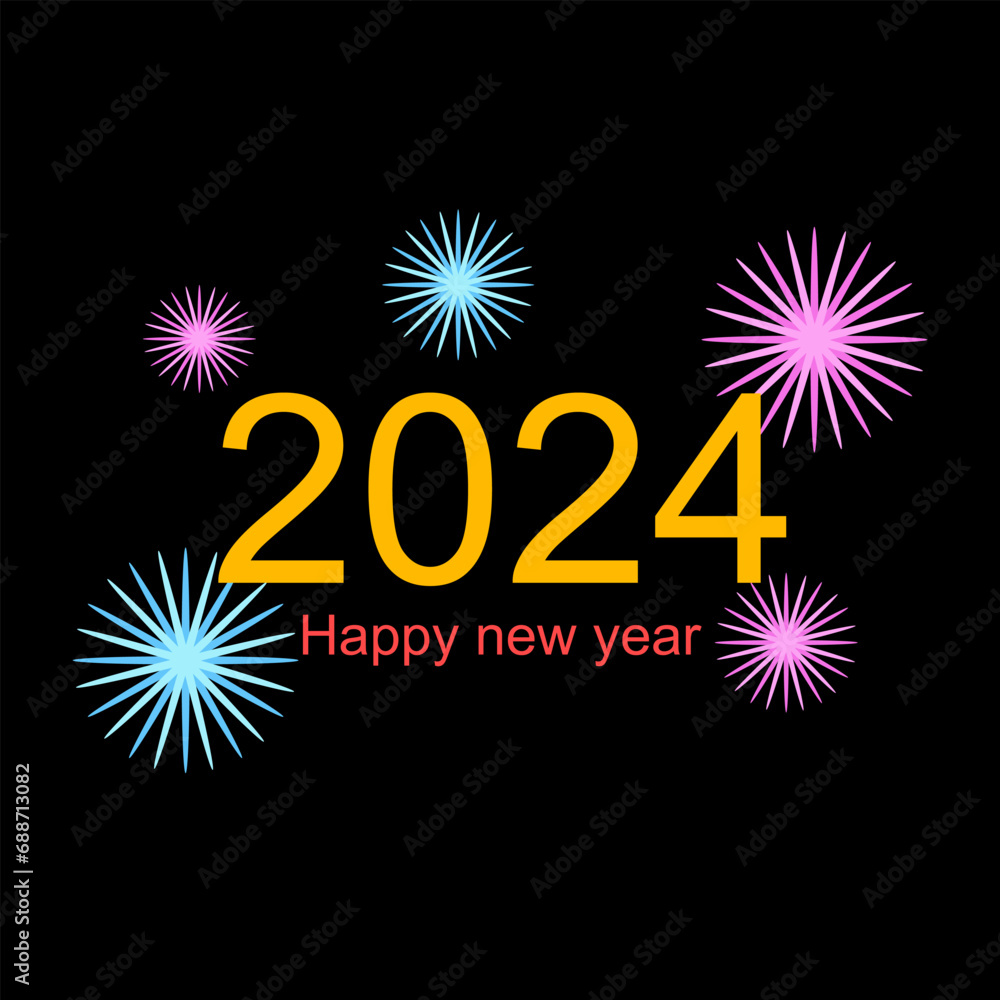 2024 Happy New Year yellow with fireworks, numbers on black background