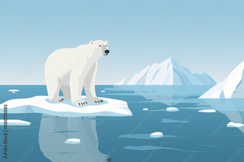 Polar bear on an ice floe. A beautiful polar bear floats on an ice floe against the backdrop of a landscape of large glaciers and icebergs. Vector illustration for postcard, poster, cover or design. - obrazy, fototapety, plakaty 