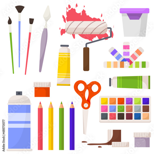 Set of art making tools including brushes, pallets, palettes, easel and canvas flat design illustration, in the style of colorful figures, wood sculptor, impressionist colorism. Artists tools set
