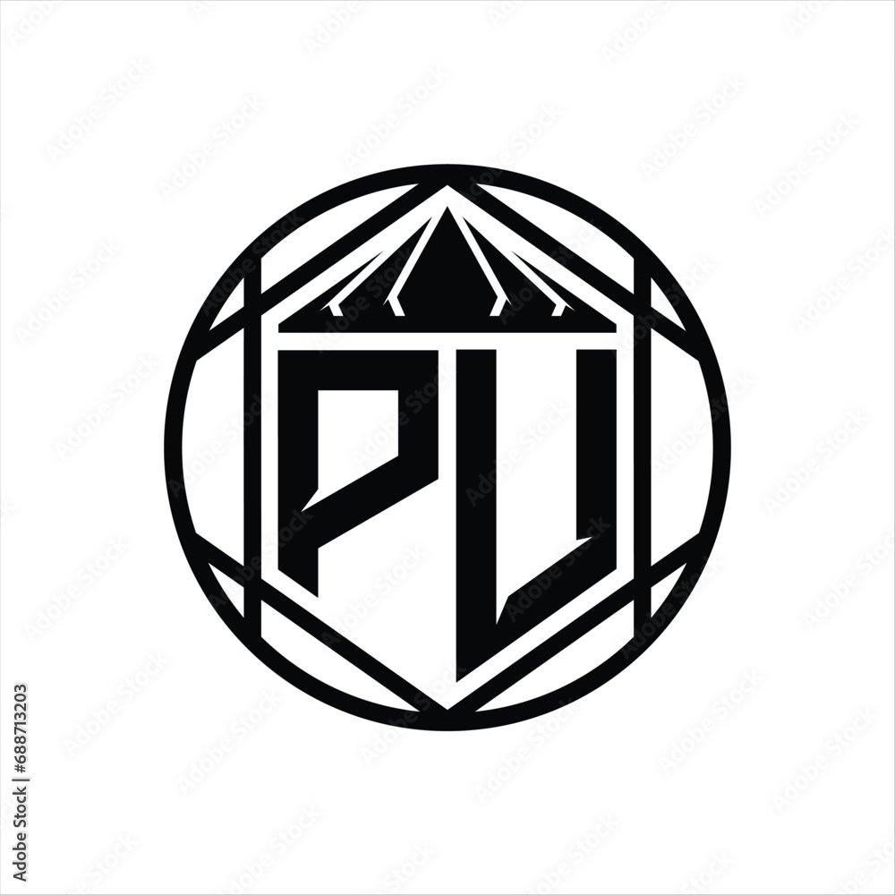 PU Letter Logo monogram hexagon slice crown sharp shield shape isolated circle abstract style design PU Letter Logo monogram hexagon slice crown sharp shield shape isolated circle abstract style design